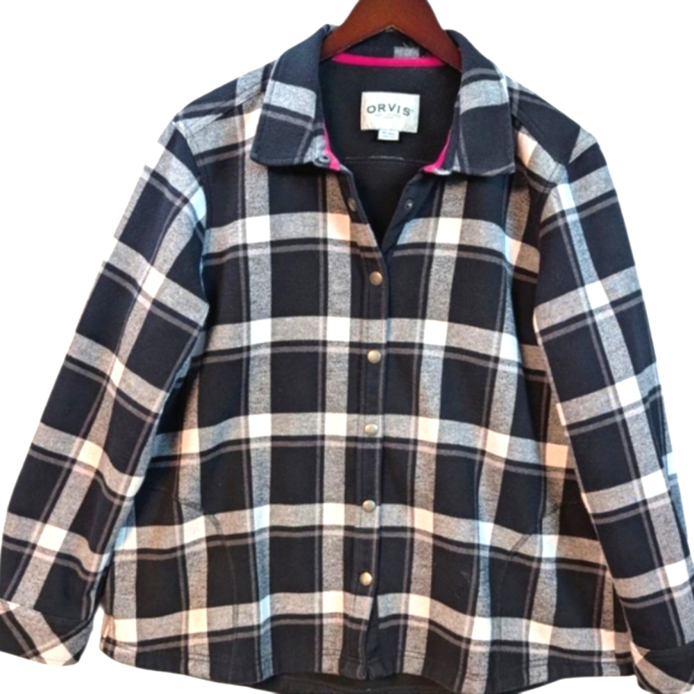 Orvis Womens Black Plaid Fleece Lined Snap Up Side Pocket Shacket/Jacket Sz L